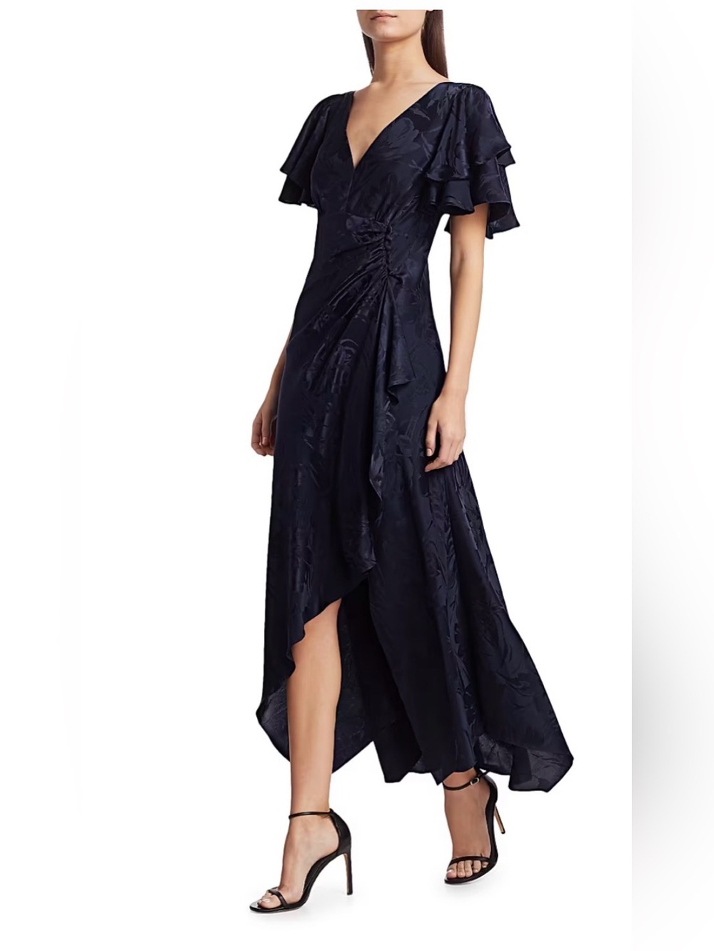 Tanya Taylor Navy Floral Jacquard High-Low Wrap Dress